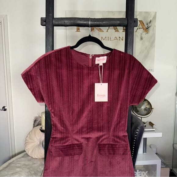 Rouje Paris Auxane Velour Corduroy Short Mini Dress in Cerise Burgundy - Picture 6 of 12